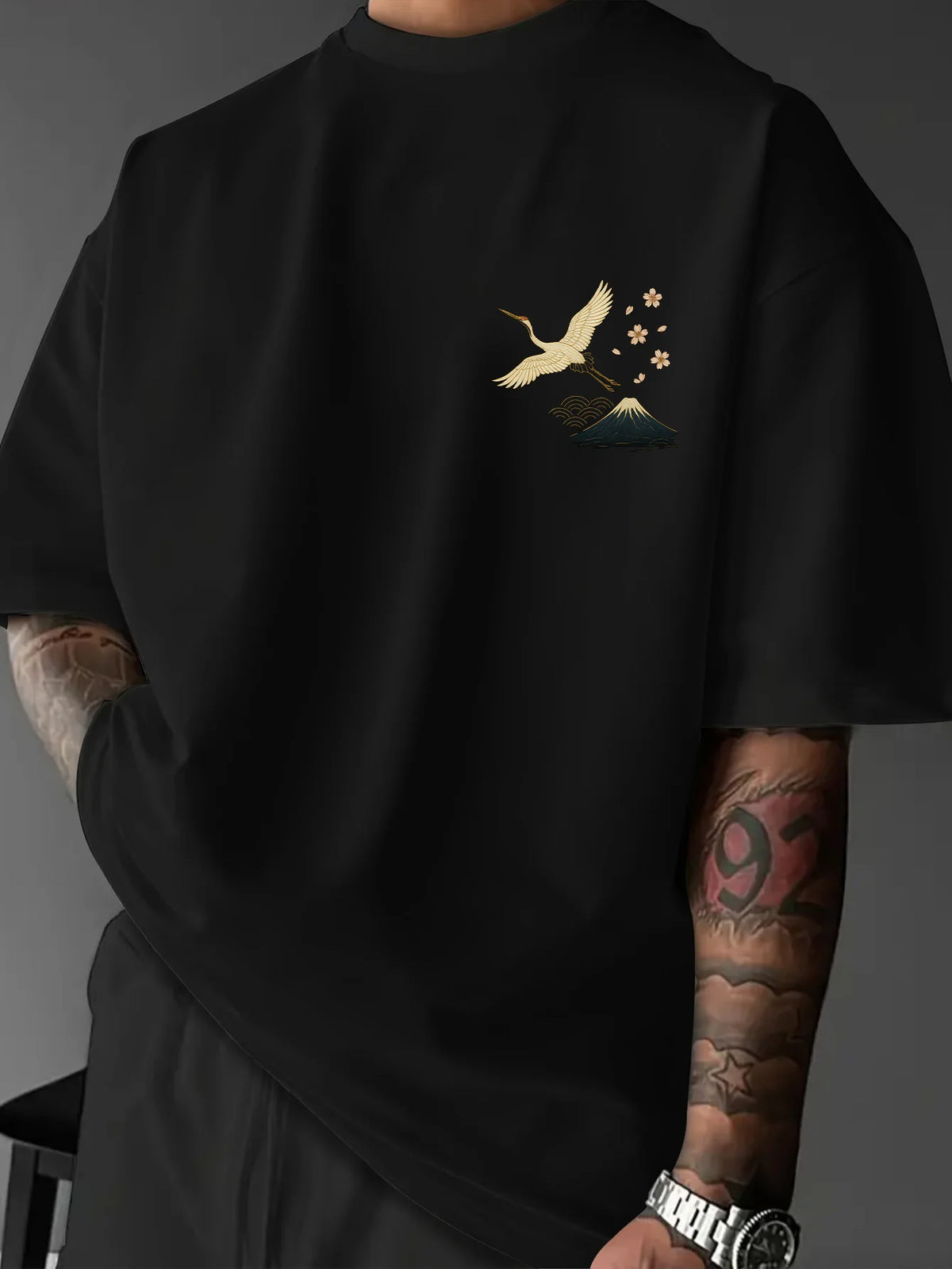 Cherry Blossom Crane Embroidery T-shirt