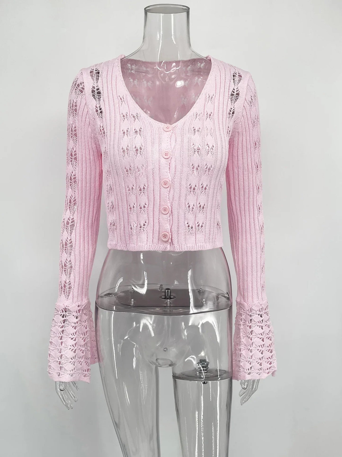 Hollow Knitted Women's Solid Color Long Sleeve Cardigan