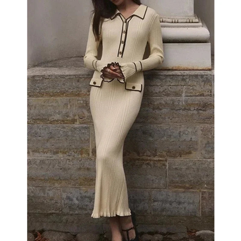 Old Money Knitted Ruffles Maxi Dress