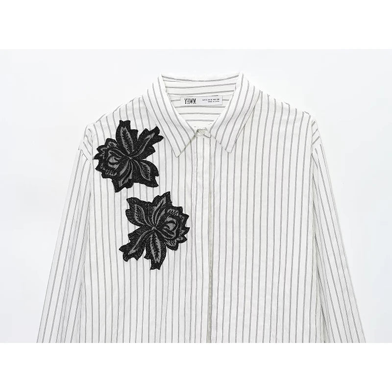 Lace Flower Applique Striped Shirt