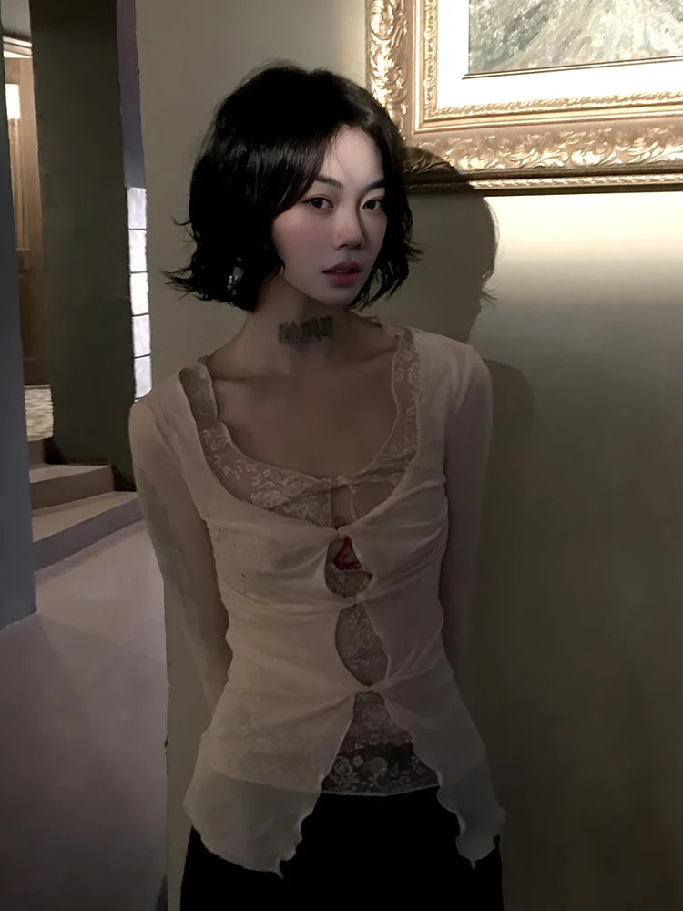 Front Tie Mesh Blouse