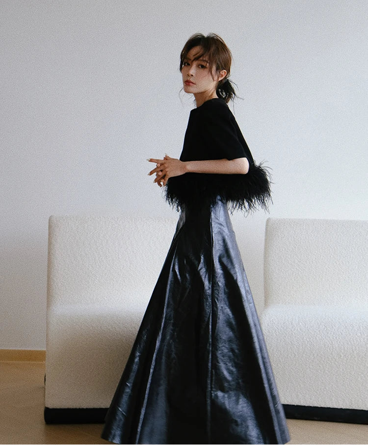 High Waist Chic Black Shiny Pleated Maxi Skirt