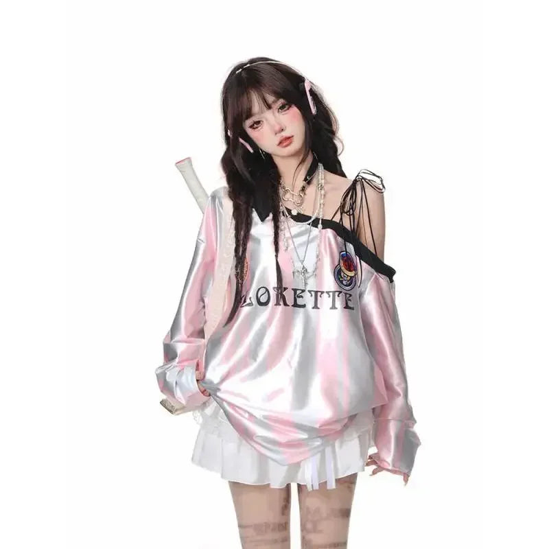 Camiseta vintage de manga larga con hombros descubiertos