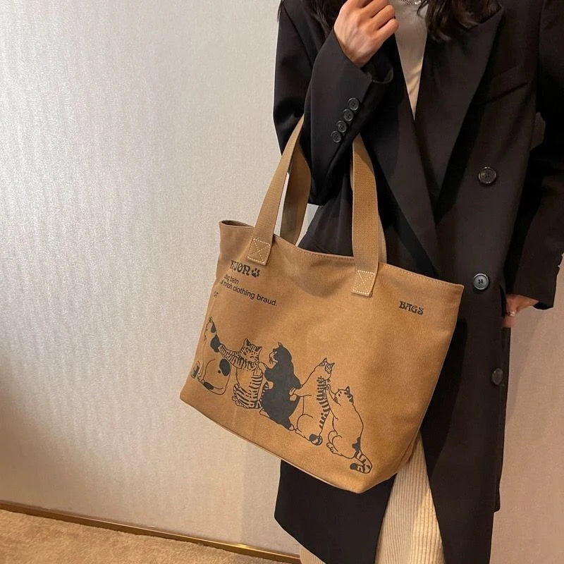 Vintage Cat Print Tote Bag