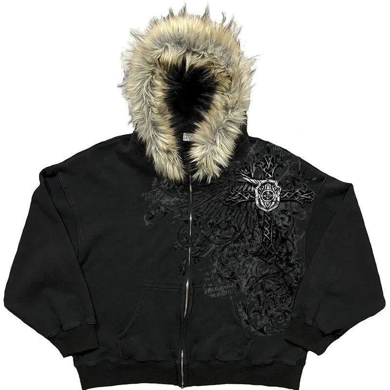 Y2K Graphic Gothic Faux Fur Hoodie