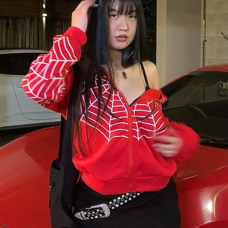Y2K Spider Web Zip Up Hoodie