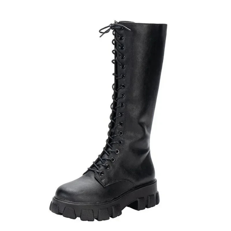 Faux Leather Knee High Lace Up Boots