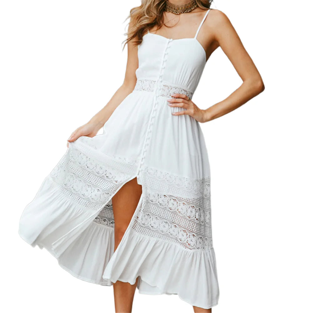 Women's Summer Beach White Boho Maxi Dress
