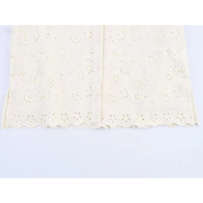 Fashion Hollow Out Embroidery Women Shirt