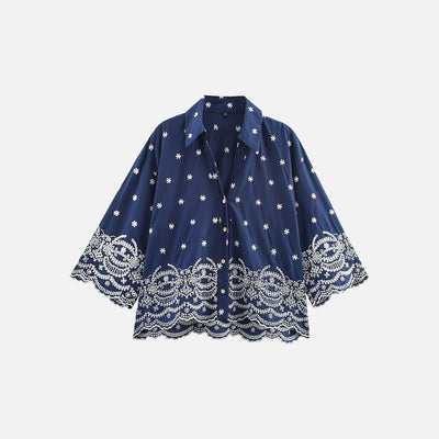 Vintage Ärmelstickerei Blau Lässiges Damenhemd