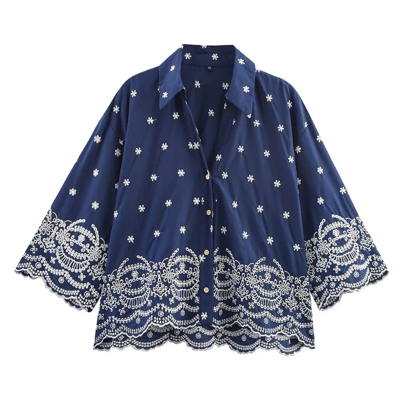 Vintage Sleeve Embroidery Blue Casual Women Shirt