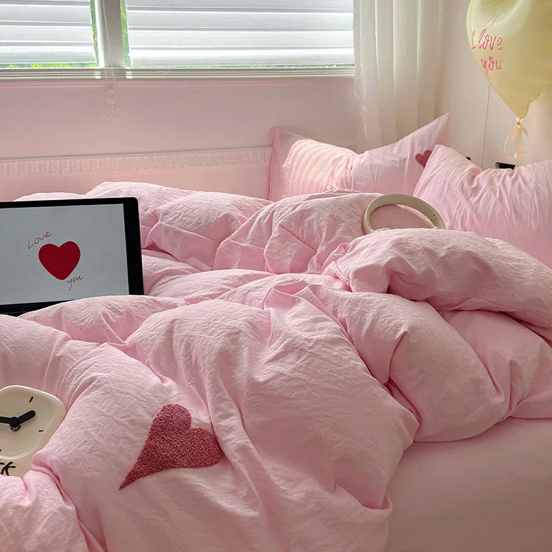 Korean Solid Color Heart Bedding Set