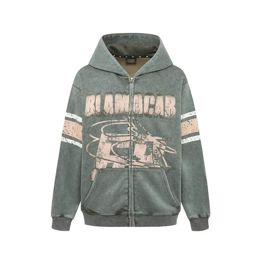 Retro Distressed Print Hooded Sweatshirt