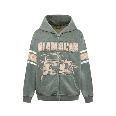 Retro Distressed Print Hooded Sweatshirt