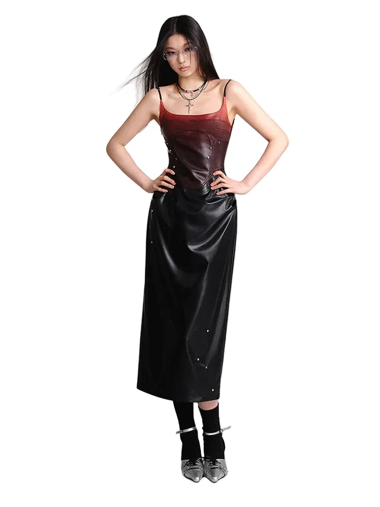 Cyberpunk Faux Leather Gradient Midi Dress