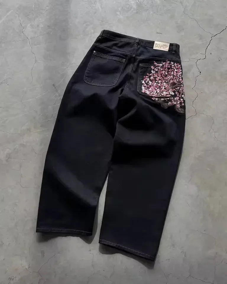 Y2K Low Rise Cherry Blossom Embroidery Jeans