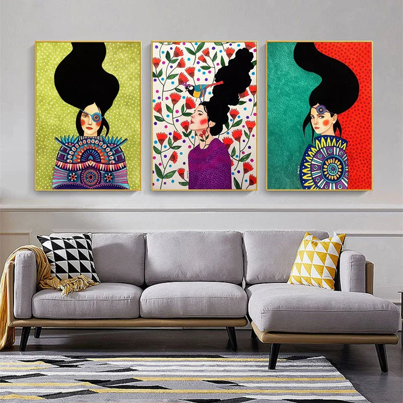 Retro Flowers Girls Hair Paintings Poster