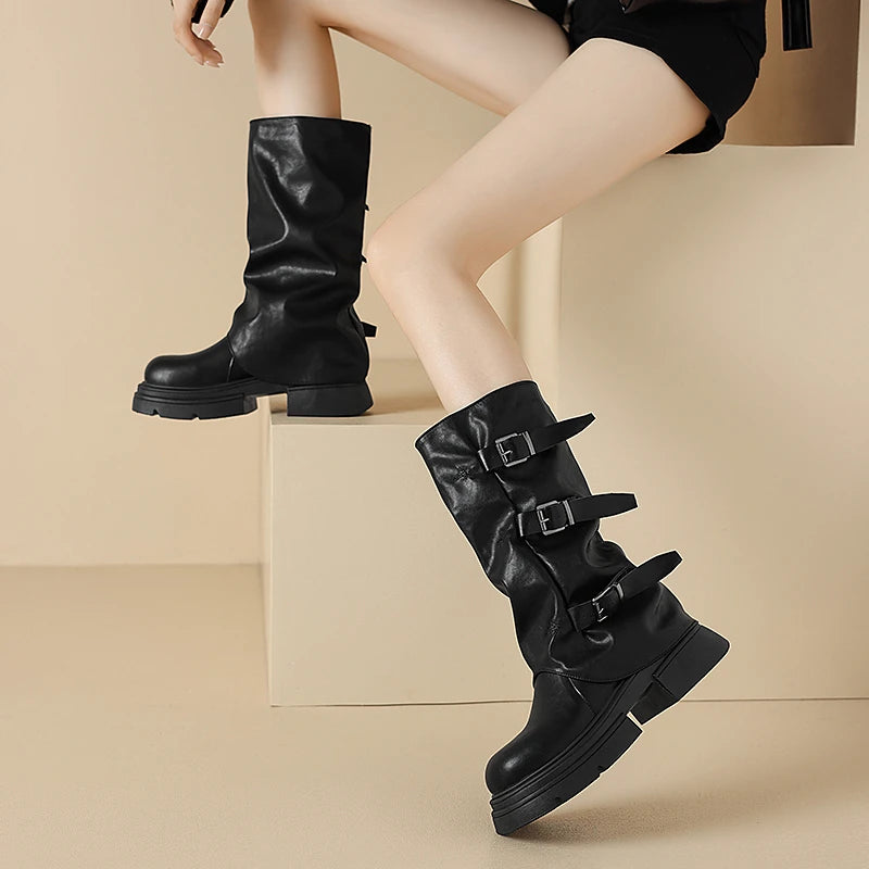 Faux Leather Belted Boots