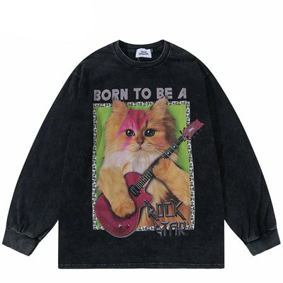 Graphic Rock Guitar Cat Print Sweatshirt