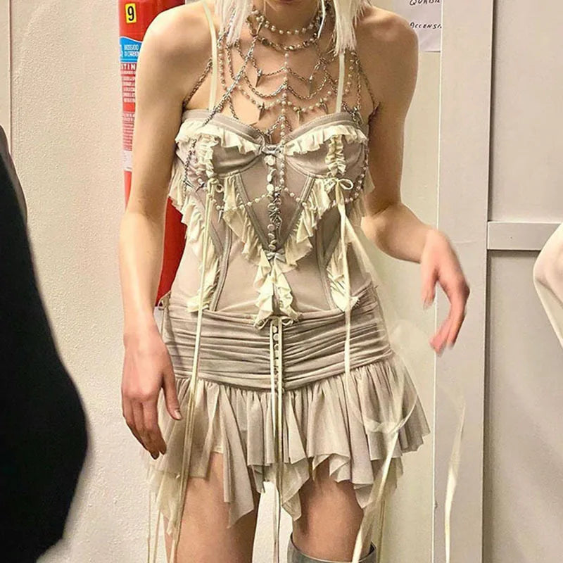 Fairycore Ruffled Mesh Corset Top And Skirt