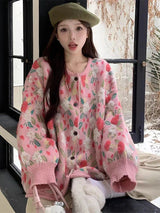 Model wearing the pink Floral Knit Buttoned Sweater