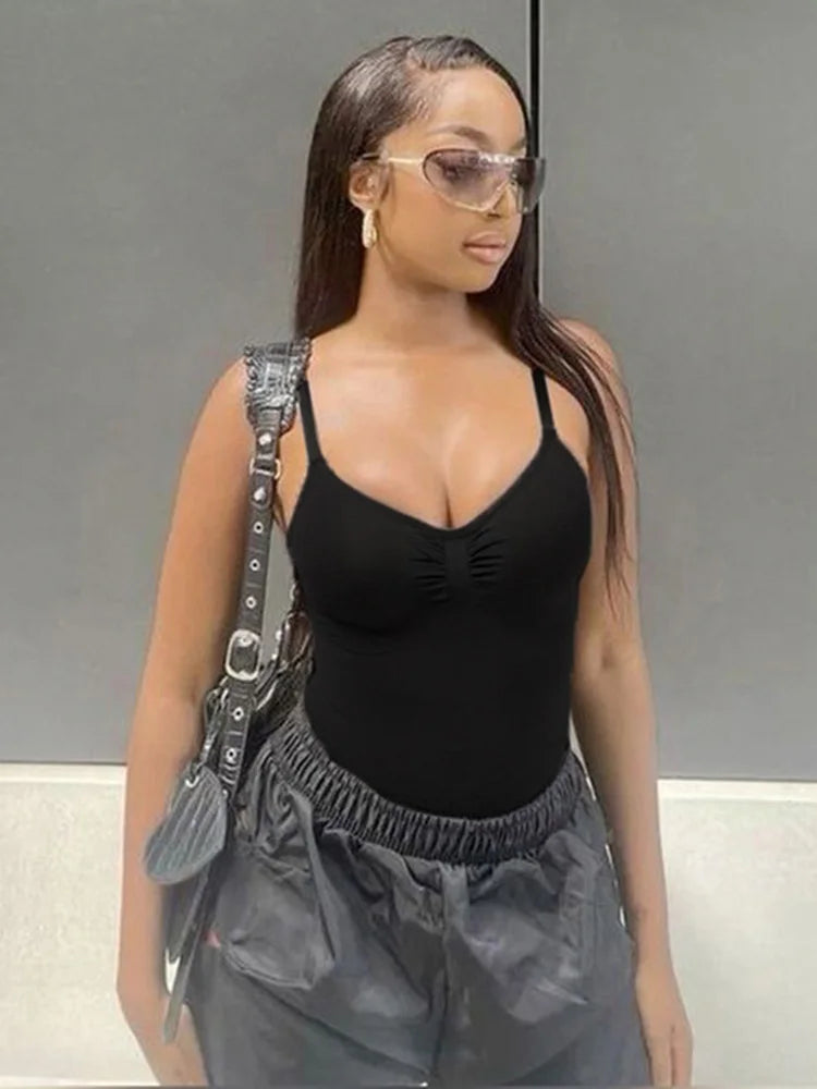 Sleeveless Skinny Spaghetti Strap Black Bodysuit