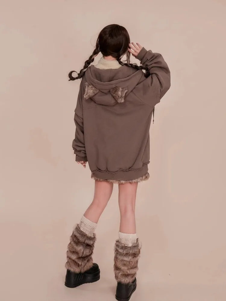 Cute Loose Ears Zipper Hoodie