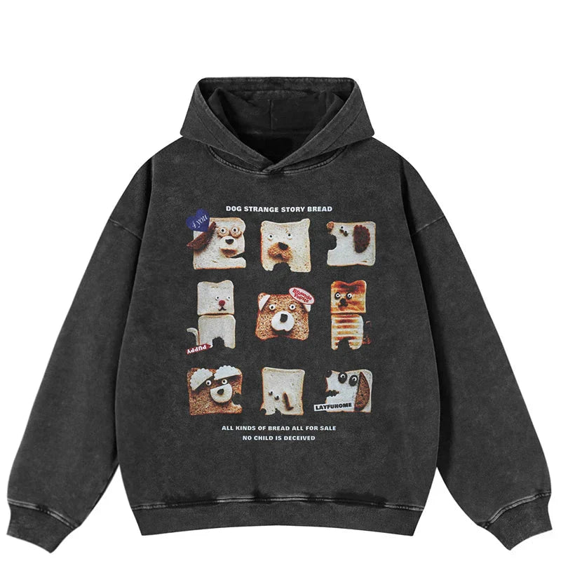 Oversized Toast Dogs Black Washed Hoodie