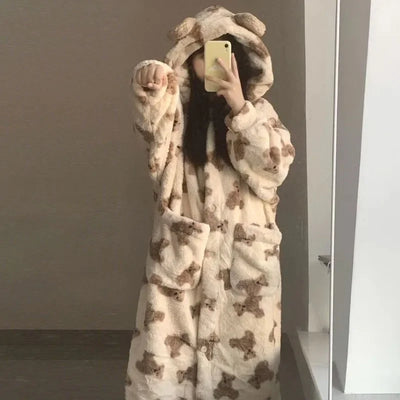 Women's Thickened Flannel Hooded Robe