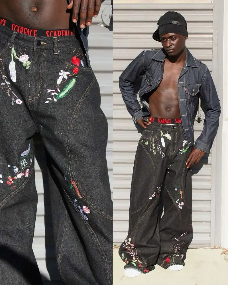Embroidered Floral Y2K Jeans
