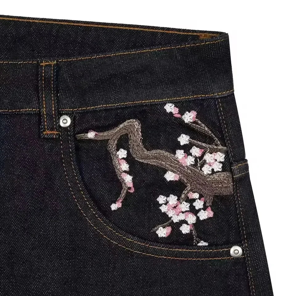 Y2K Low Rise Cherry Blossom Embroidery Jeans