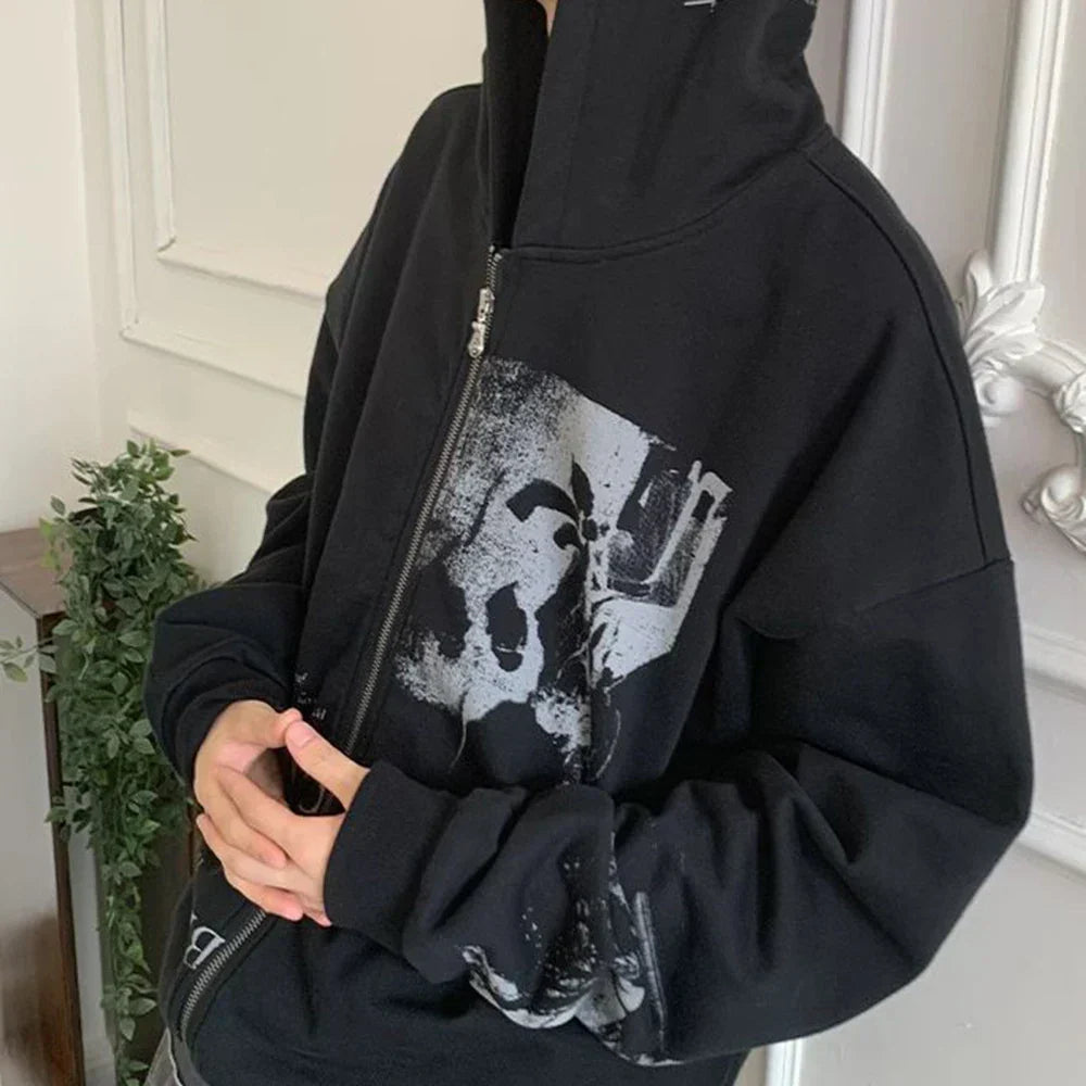 Gothic Punk Zipper Black Hoodie