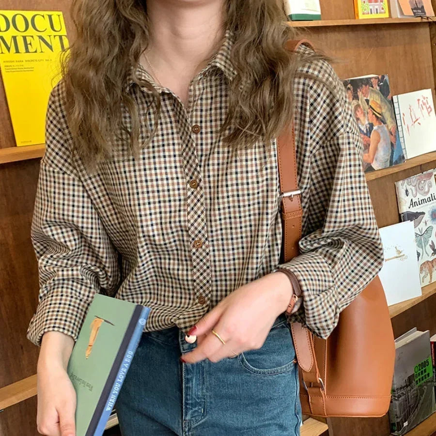 Women Retro Turn-down Collar Plaid Shirt