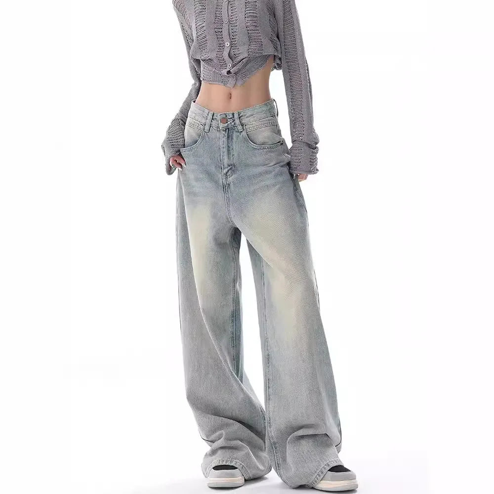 Y2K Off-White Color Distressed Wide Leg Jeans