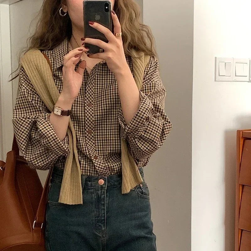 Women Retro Turn-down Collar Plaid Shirt