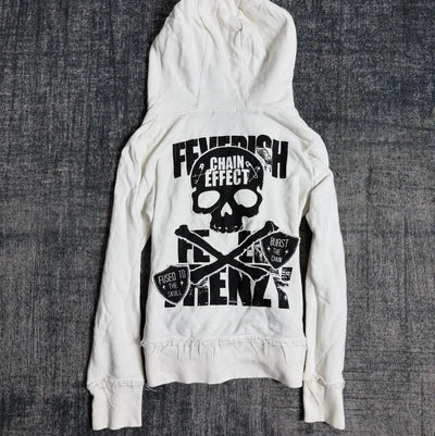 Schlanker weißer Gothic-Kapuzenpullover mit Reißverschluss