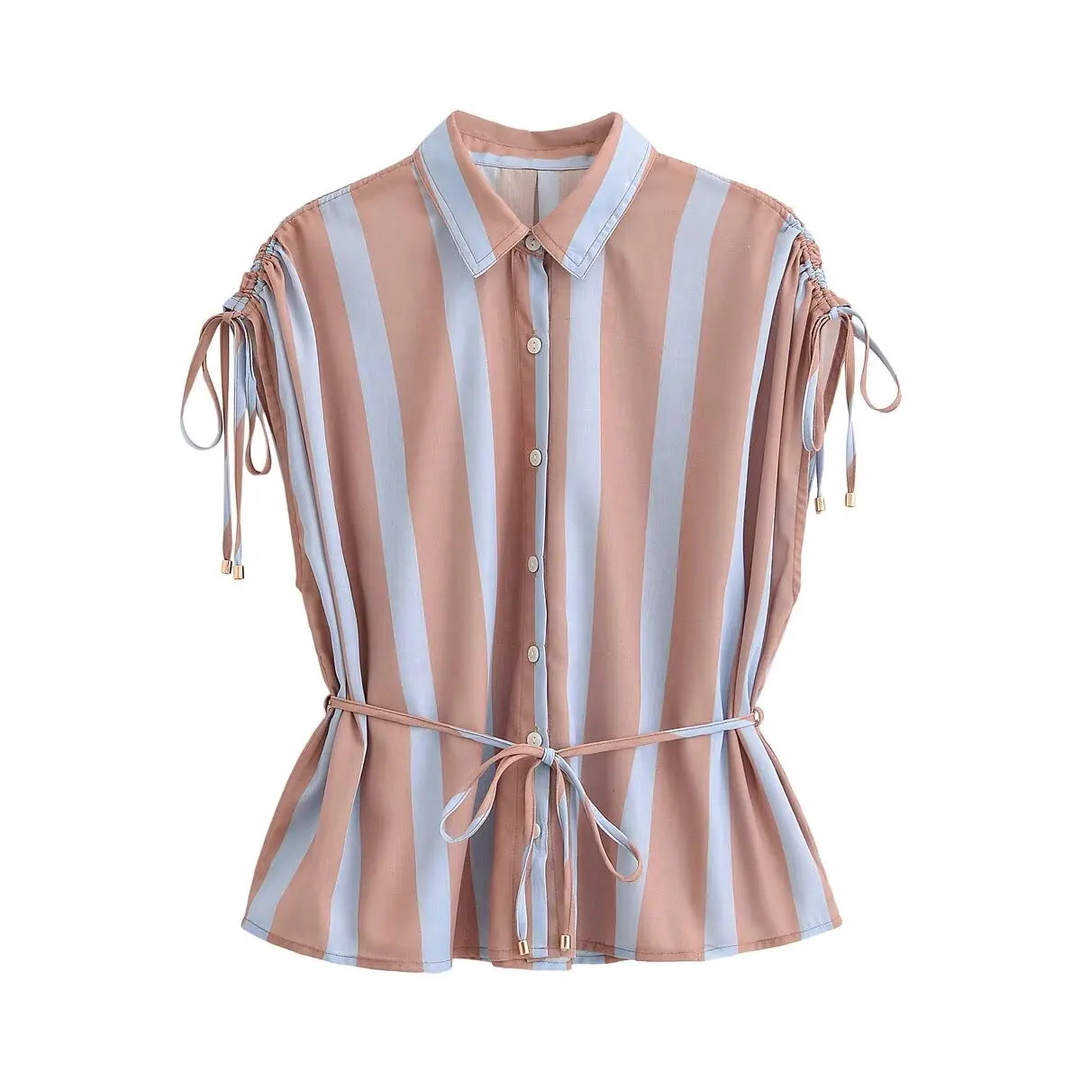 Sleeveless Lapel Collar Striped Shirt
