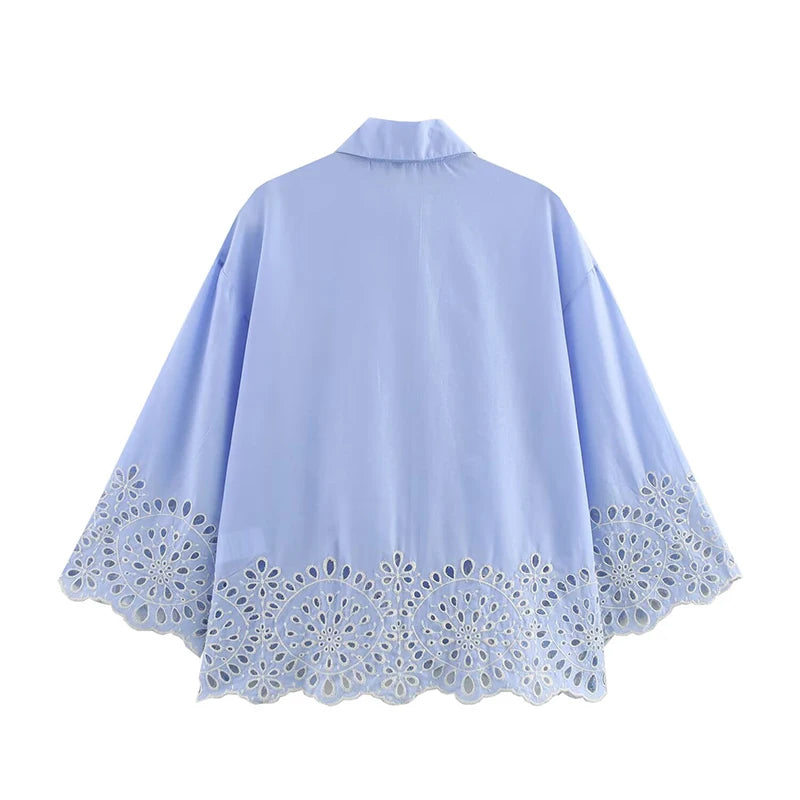 Hollow Out Embroidery Women Blue Shirt