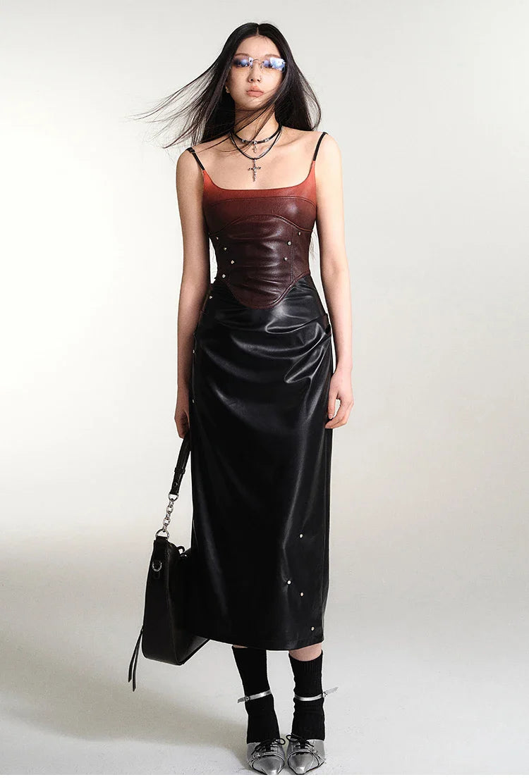 Cyberpunk Faux Leather Gradient Midi Dress