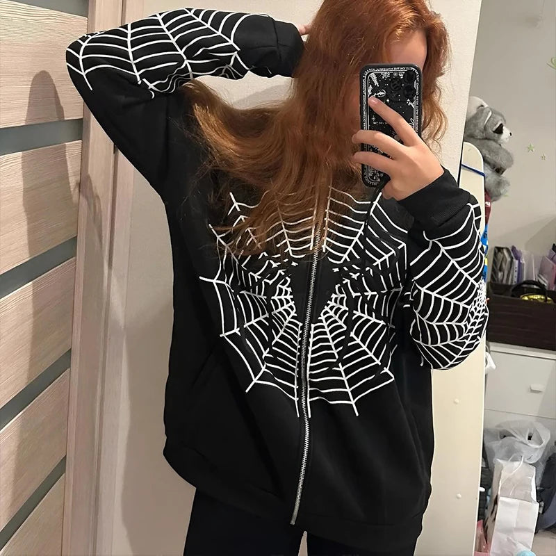 Y2K Spider Web Zip Up Hoodie