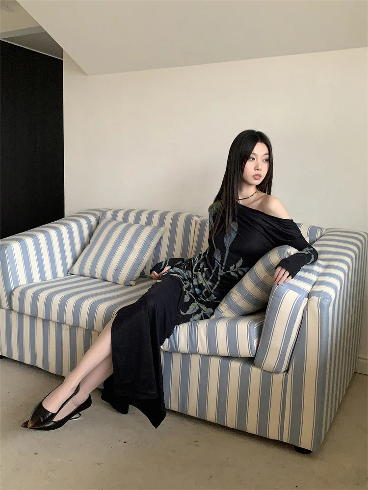 Dark Fairy One Shoulder Floral Maxi Dress