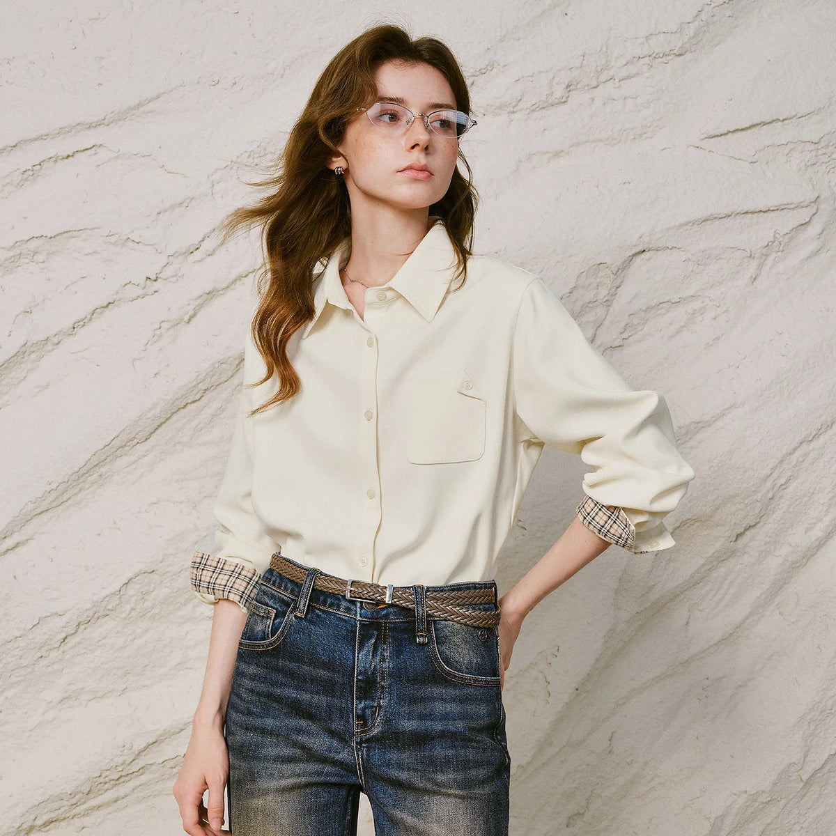 Plaid Sleeves Corporate Girl Shirt