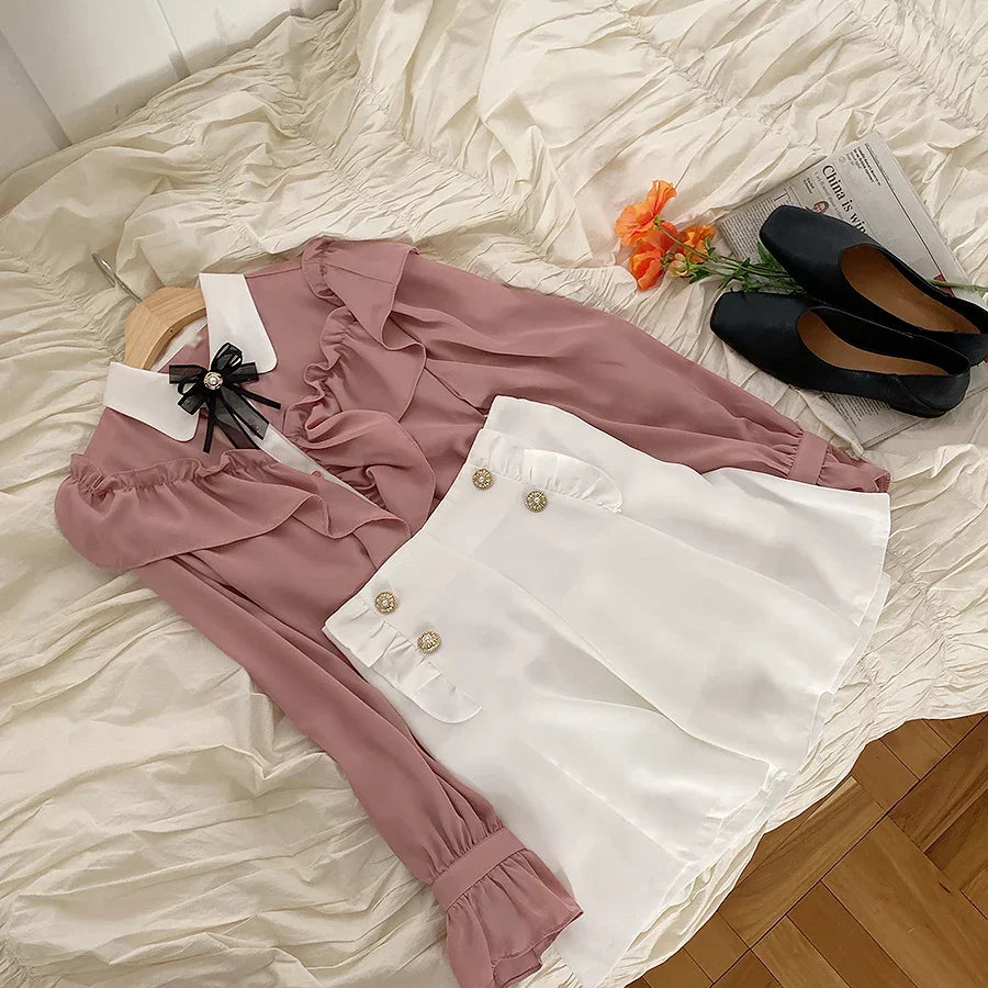 Sweet Bow Ruffle Patchwork Blouse