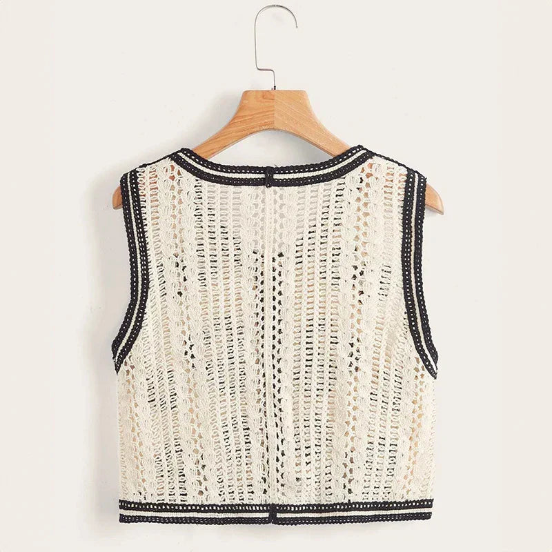 Sheer Floral Crochet Sleeveless Waistcoat T-Shirt