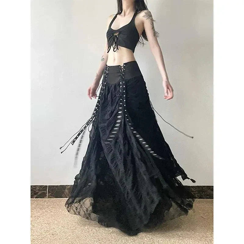 Vintage Lace Patchwork Mesh Maxi Skirt