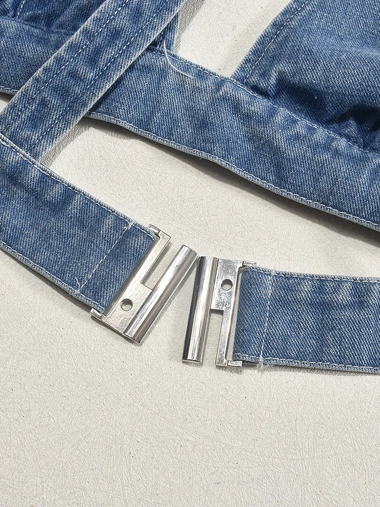 Metal Buckle Deep V-Neck Denim Tank