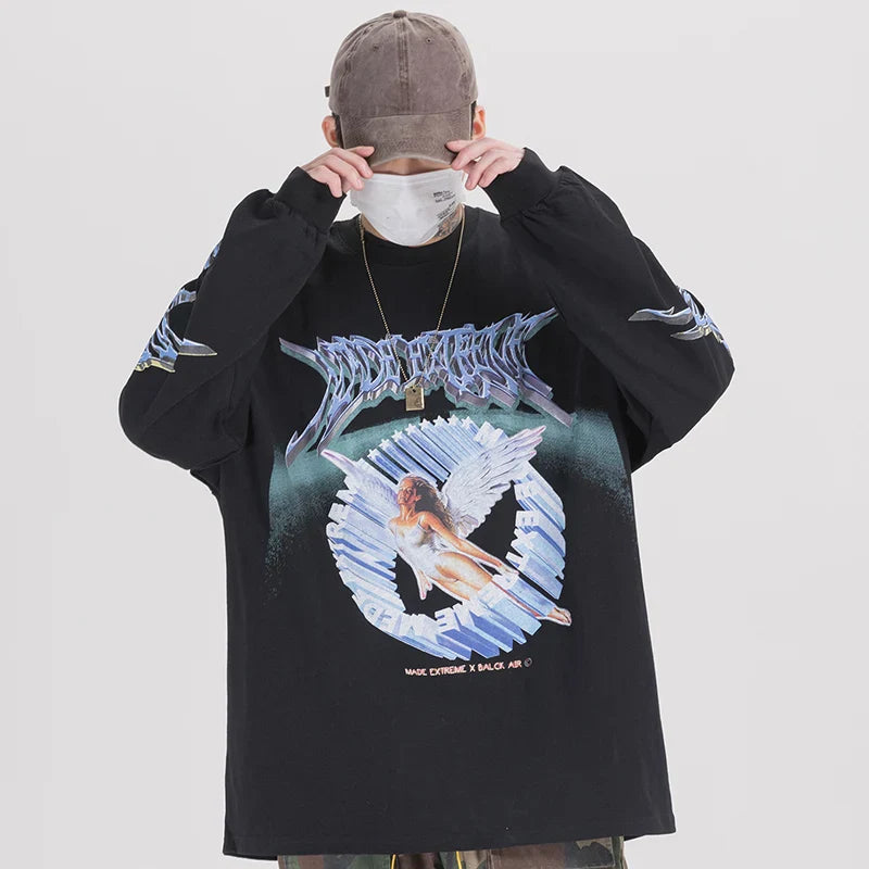 Retro Angel Print Loose Hip Sweatshirt