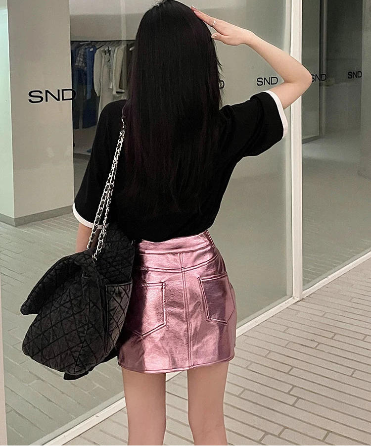 Pink Silver Reflective Shiny Leather Mini Skirts