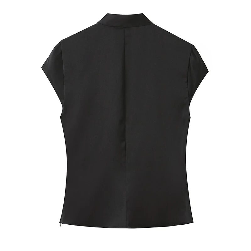 Black Mandarin Collar Side Button Satin Blouse