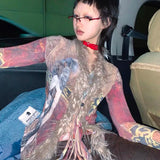 Y2K Vintage Grunge Aesthetics Tassel Mesh Shirt